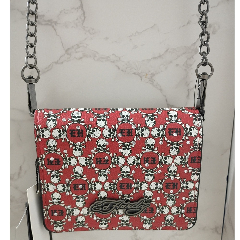 ED HARDY Red Skull Print w/ Crystals Mini Crossbody Bag - NWT